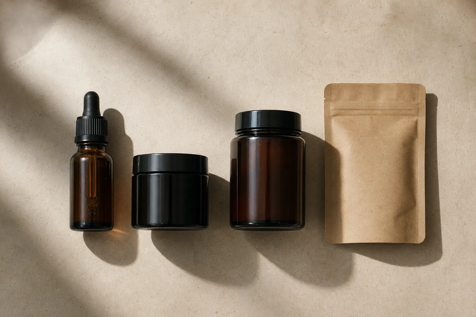 Quatre échantillons de CBD alignés sur une feuille ivoire