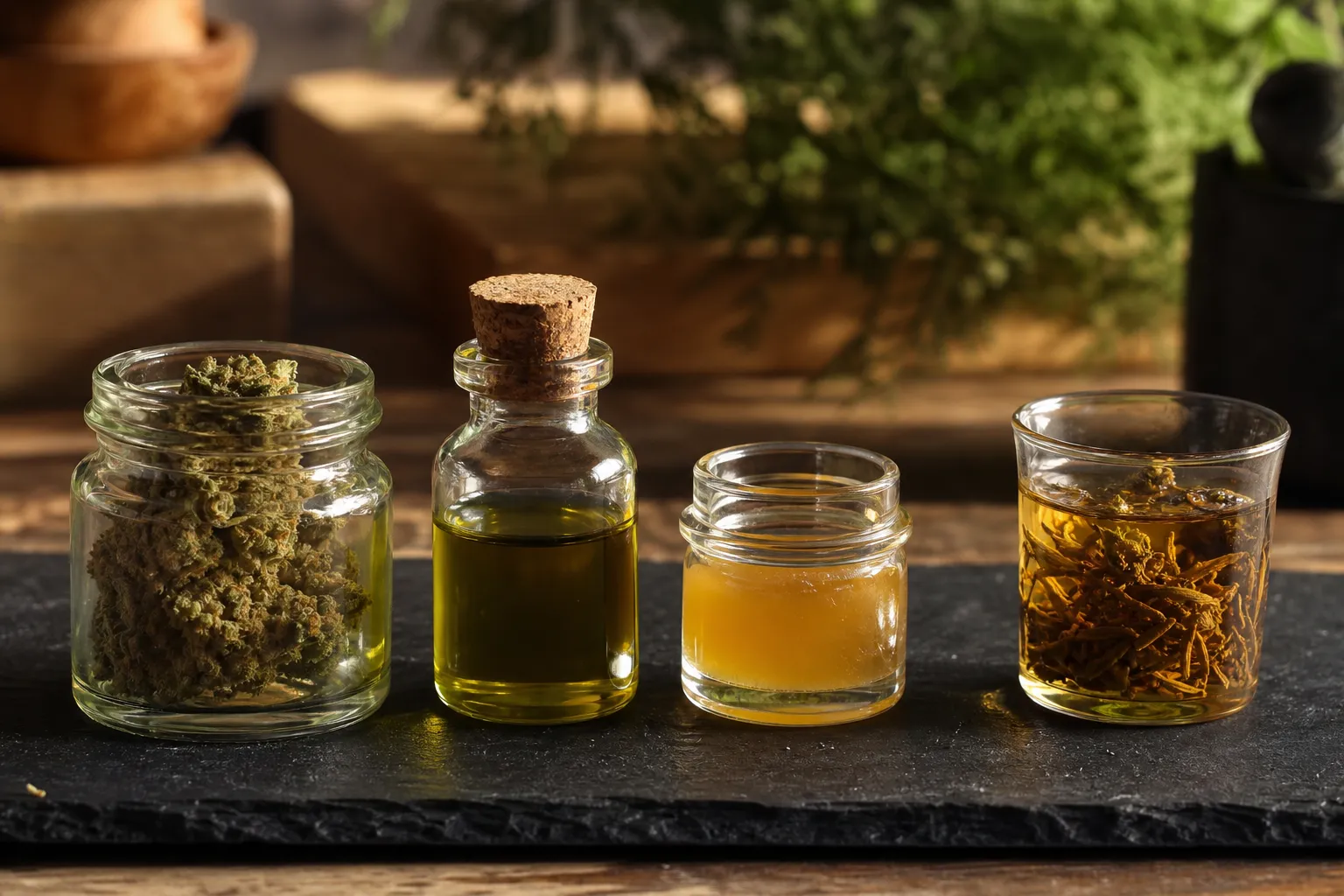 Nos quatre formats de CBD présentés séparément sur une ardoise sombre