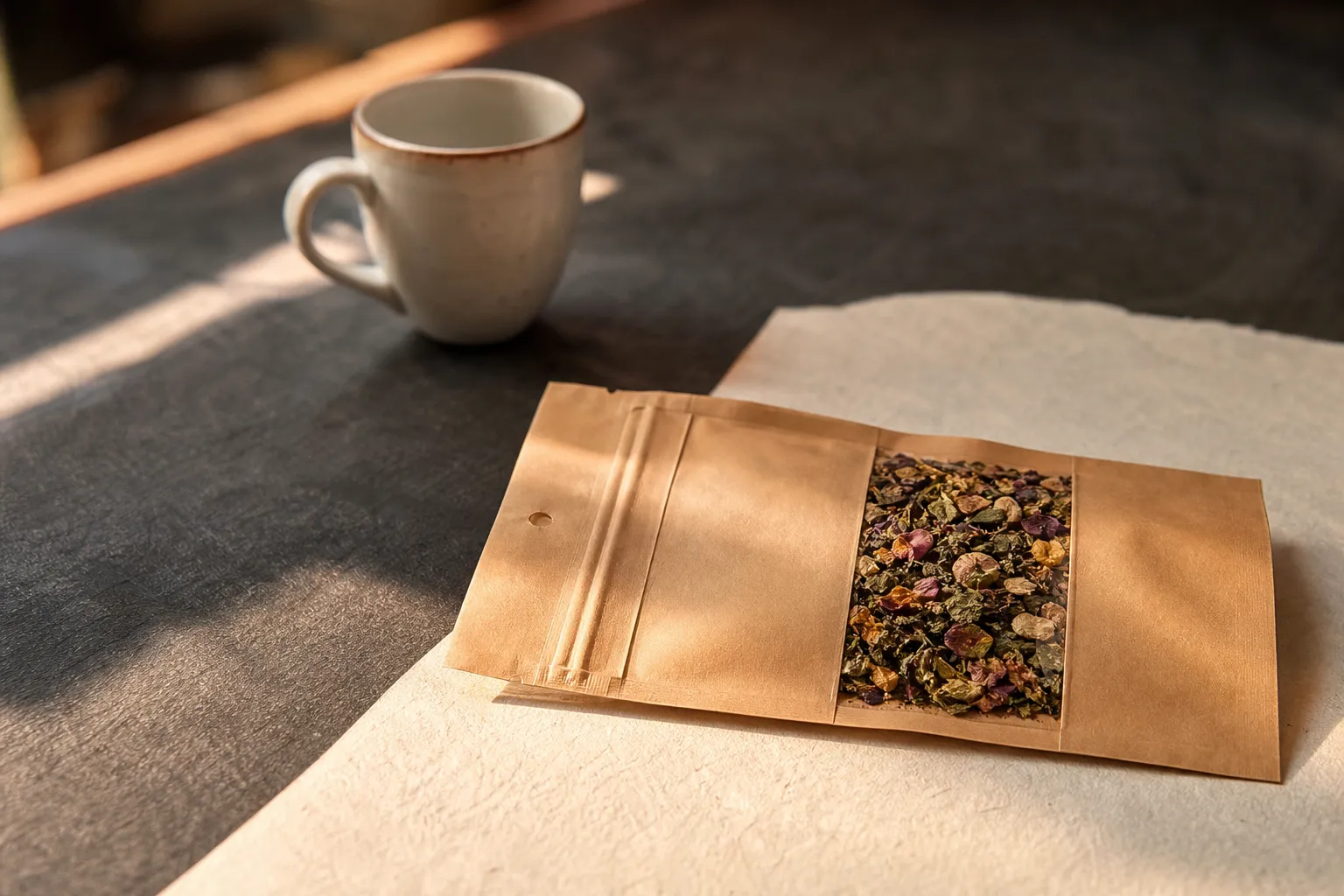 Sachet d’infusion fermé, étiquette lisible posée devant lui
